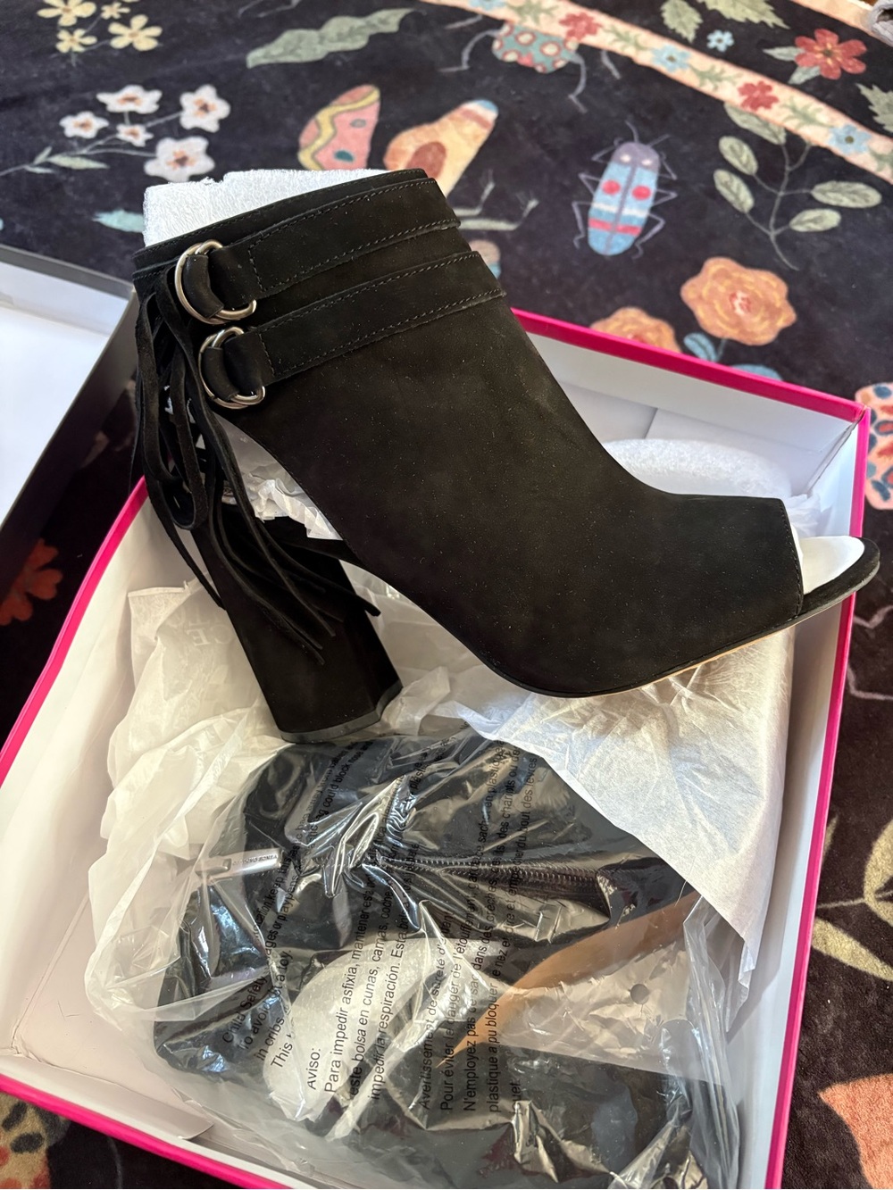 Vince Camuto Black Suede Peep-Toe Fringe Block Heel Booties